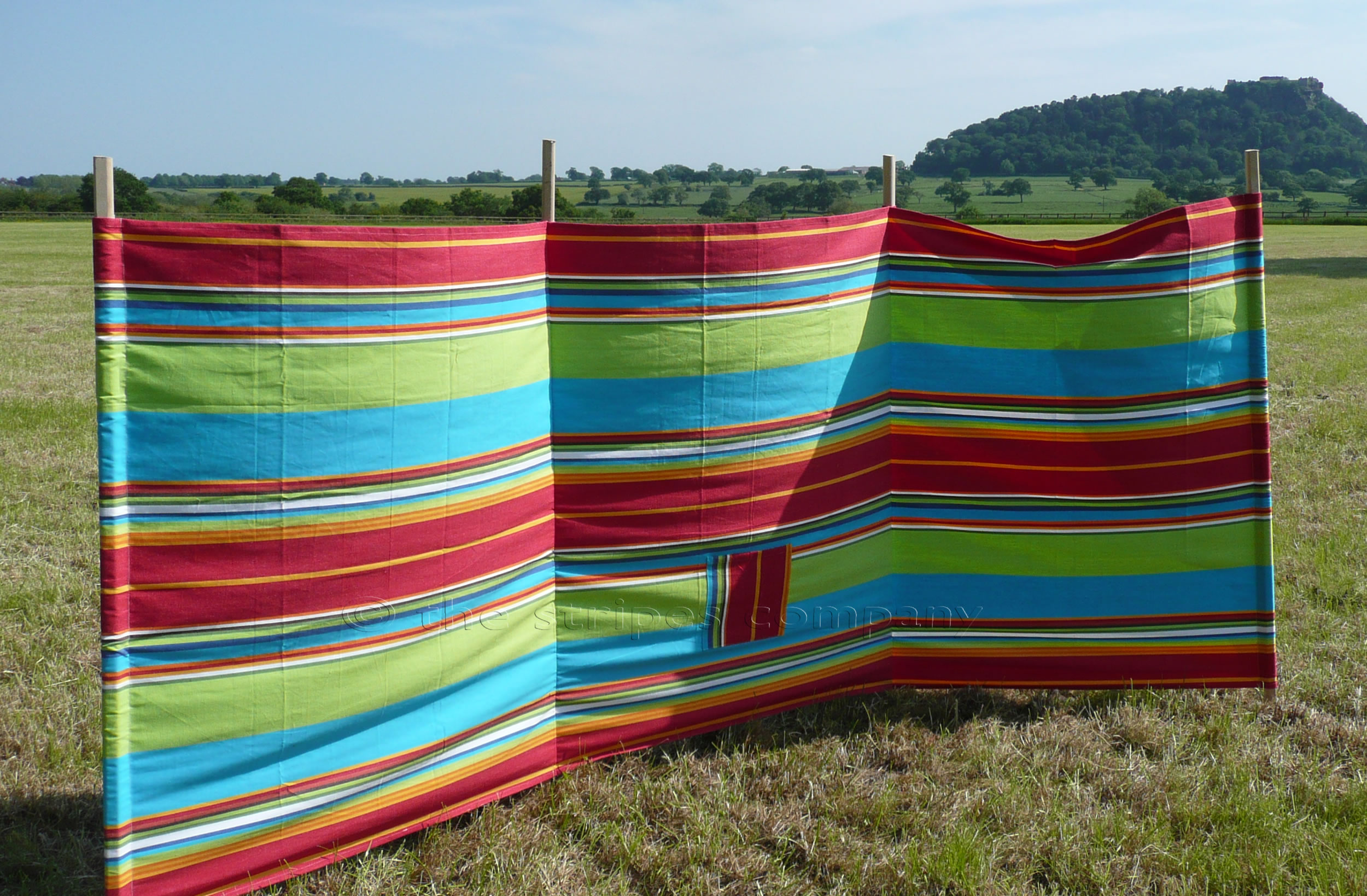 Red, Lime Green, Turquoise Striped Windbreak with 4 poles
