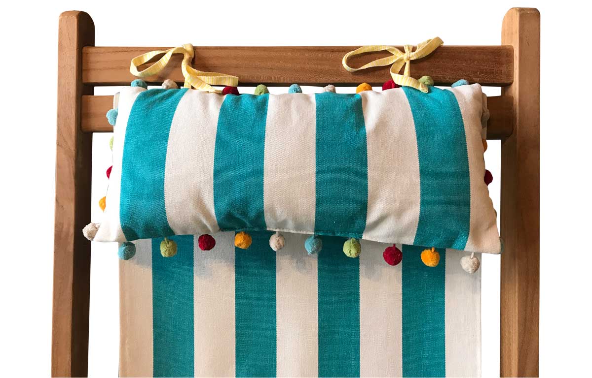 Turquoise and White Stripe Deckchair Headrest Cushions | Tie on Pompom Headrest Pillow