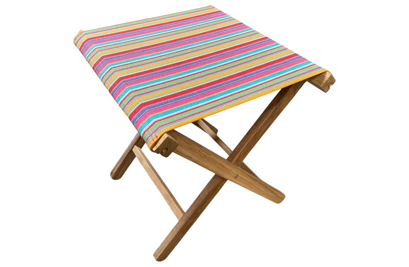 Teak Folding Portable Stools with Pink, Turquoise, Red, Green, Yellow Striped Canvas Seat
