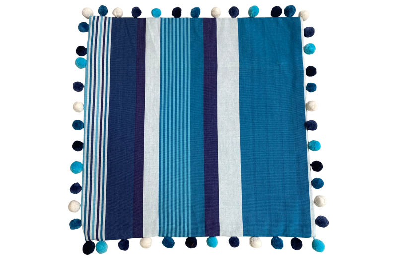 Teal, Aquamarine, French Navy Striped Pompom Cushion Covers