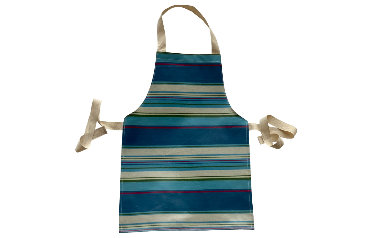 PVC Oilcloth Aprons for toddlers petrol blue, pale blue, pink, cream stripes
