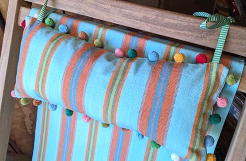Turquoise, Terracotta, Blue Stripe Deckchair Headrest Cushions | Deck Chair Tie on Pompom Headrest Pillow