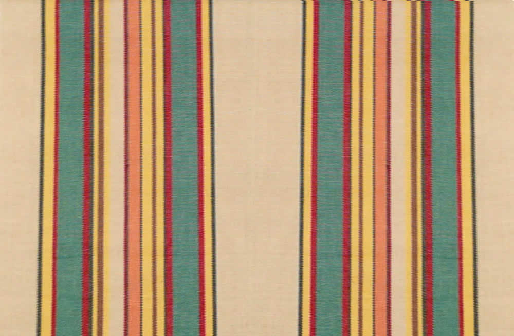 latte colour fabric with green red and yellow stripes