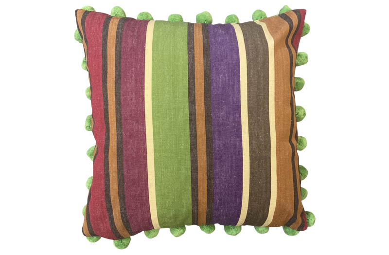 Green, Caramel, Beige and Purple Stripe Pompom Cushion